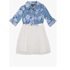 Zunie Blue Floral Denim Top with White Tulle Skirt Girls Dress
